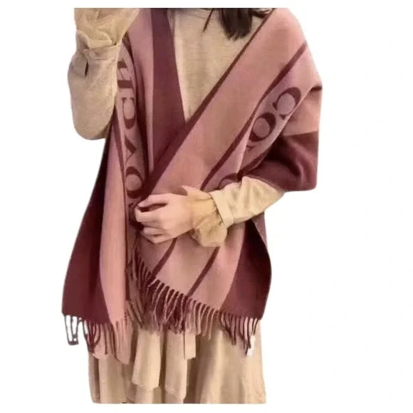 NWT Coach Wool Varsity Stripe Oversized Muffler Scarf F76388 Wine Pink Fringe - Picture 10 of 10